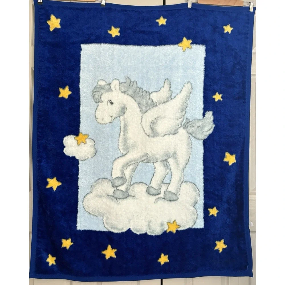 Vintage Baby Mink Blanket Pegasus Deep Royal Blue Stars Clouds Dreams‎ 43